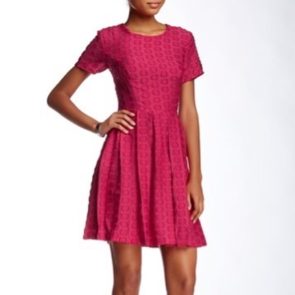 NWT 1. State Fit & Flare Pleated Dot Dress Barbie Hot Pink sz 10
